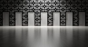 Five closed doors in a black and white ornate hallway symbolizing opportunities and decisions.