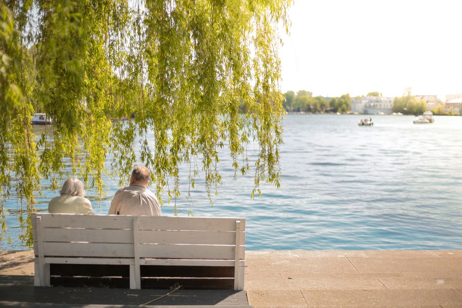 Serene scene of an elderly couple sitting on a bench by a lakeside under a willow tree.